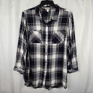 Cato Button Navy Blue Plaid Rose Gold Metallic Down Shirt Women Plus Size 22/24W